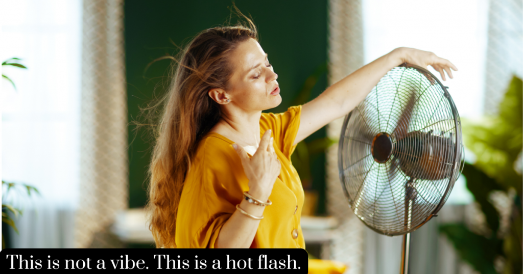 menopause and summer heat intolerance — woman fanning herself in the heat